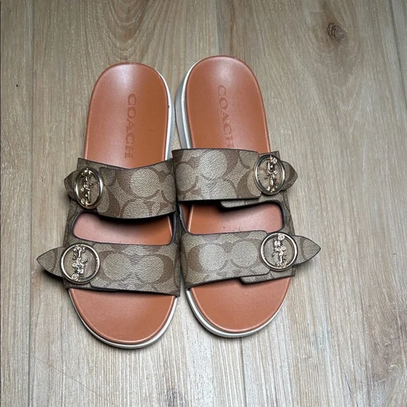 Coach Brown Slide Sandals with Gold Accents - Picture 1 of 3